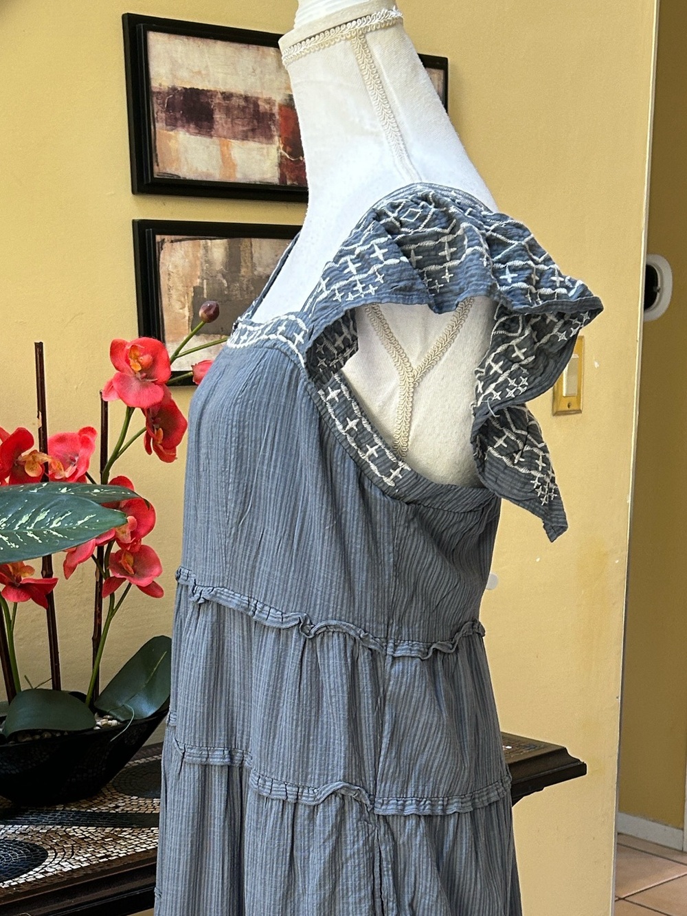 Knox Rose Square Neck Blue Grey Tiered Ruffle Embroidered Cotton LARGE Sundress - Picture 9 of 16